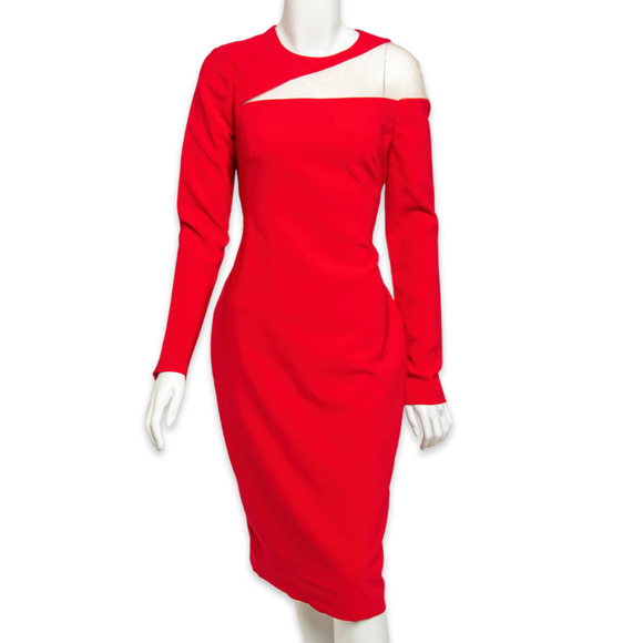 THEIA Women's Red Mesh Illusion Shoulder Dress - Used - Size 4